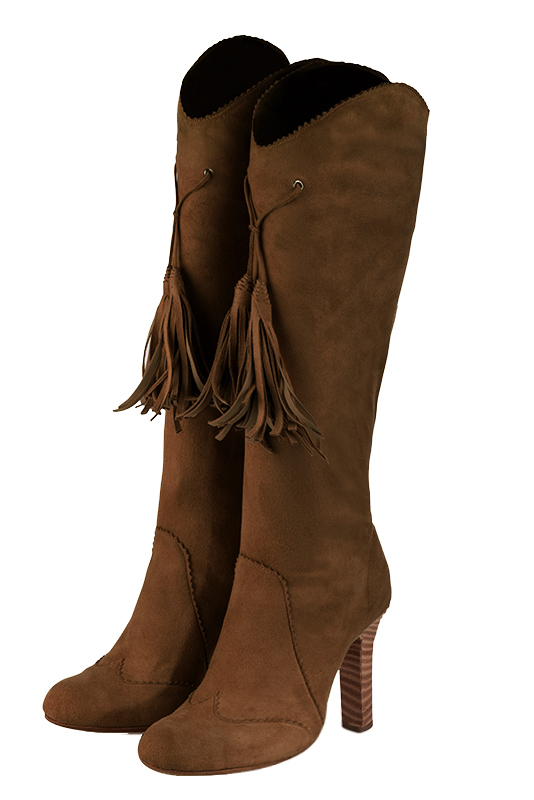 Caramel brown women's cowboy boots. Round toe. Very high kitten heels. Made to measure. Front view - Florence KOOIJMAN
